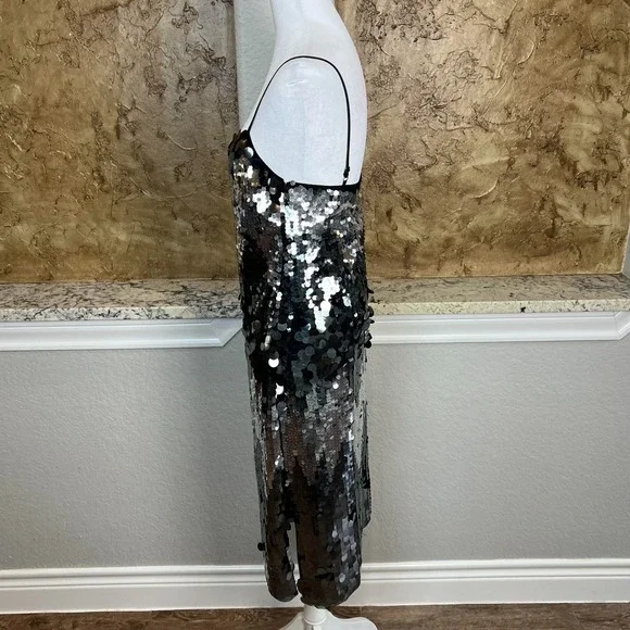 NWT Avec Les Filles Mini Slip Dress 4 Sparkling Sequin Party Black‎ Silver - Picture 4 of 12